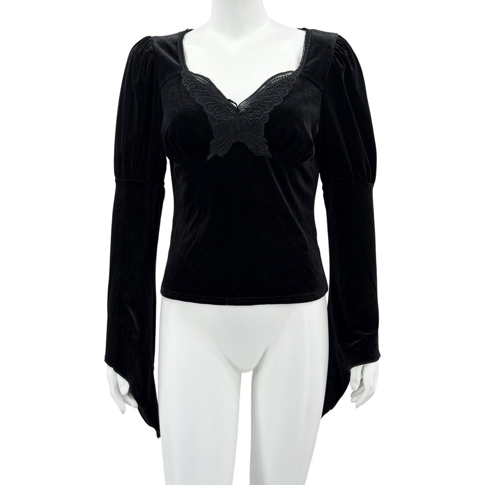 Romwe Top Womens Large Black Velvet Butterfly Lace Whimsigoth Witchy Y2K Vamp